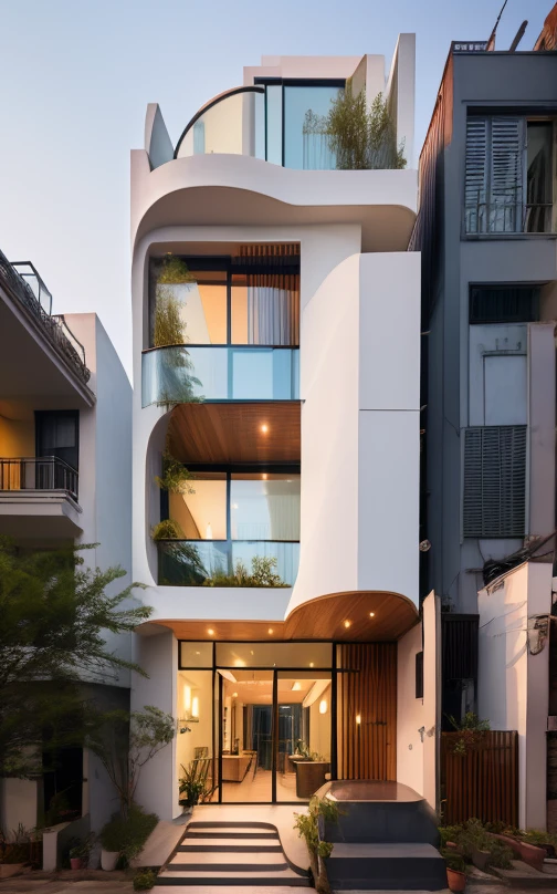 Added wooden aluminum box louvers to the facade, white ceiling light, small plant pots, white painted facade combined with decorative bricks