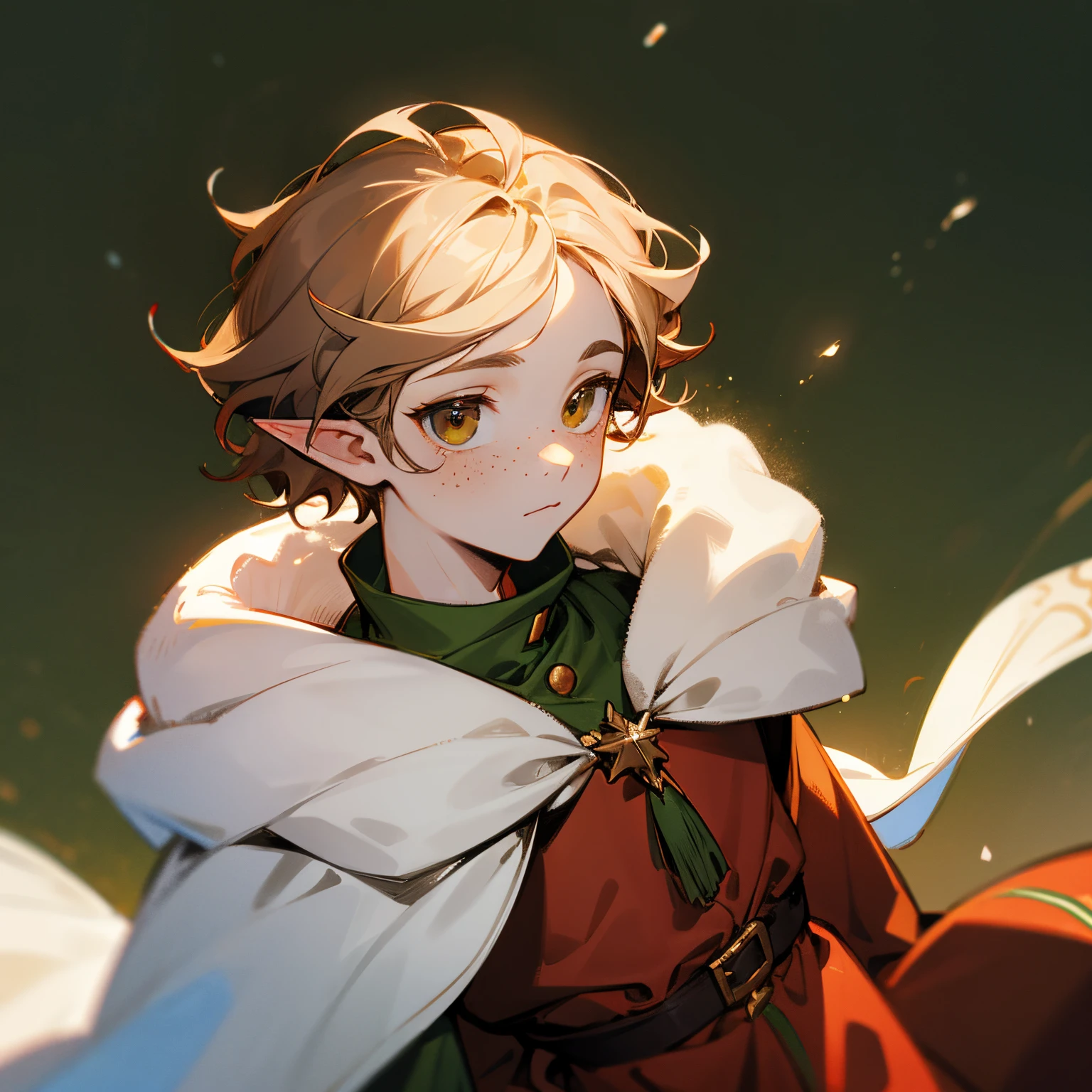 Christmas elf, male, wavy brown hair, hazel eyes, pale skin, freckles, winter background