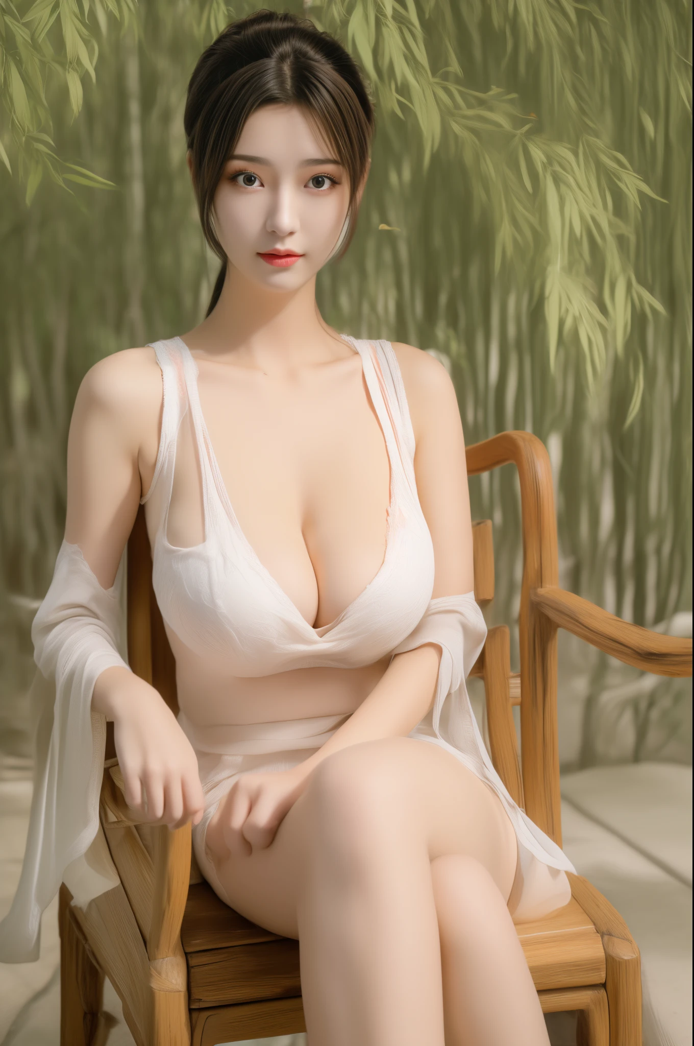 (8k, RAW Photos: 1.2), Best Quality, Illustration, Beautiful Painting, 1 sexy happy girl, Beautiful Face, Delicate Skin, Gorgeous Bun, Hair Accessories, pink lace Hanfu, looking at viewer, ((sitting on old Chinese chair)), Chinese fan, ((pointed nipple)), Full Body, High Detail, Accent, Color Ink Painting, (((colorful)), lycoris, Sketch, Denoising, Dramatic, Cinematic, White background, Super High Resolution, Best Shadow, RAW, (HDR) (wallpaper) (Cinematic lighting) (sharp focuasterpiece, (Very detailed 8k wallpaper), (gigantic breasts:1.2), bamboo trees, Sakura forest, Sakura flower,