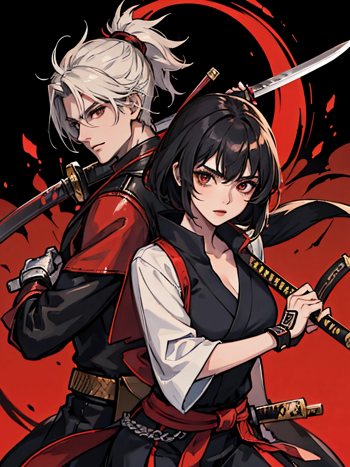 masterpiece, best quality, (1 girl, 1 man), couple, warrior couple, warrior style, japanese style, katana, holding a katana, boyfriend, girlfriend, japanese style background, black paint background, red splash background, fighting pose, short male hair, ponytailed girl, asian girl, squared face girl, half body illustration, two characters, 1 male, 1 female, gilr holding a kunai, male holding a sword