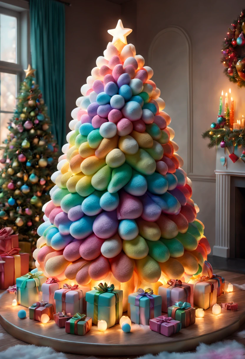 Fluffy Marshmallow Christmas Tree,(Best quality at best,4K,8K,A high resolution,tmasterpiece:1.2),ultra - detailed,(actual,realisticlying,Photorealistic:1.37),sweet，Vibrant colors，whimsically，Huge tree，sugar coated leaves，imagining，intriguing，light and ventilation，delight，Fantastical、edible、indulgent、The tall、Pleasant、Exhilarating、Rainbow、Candy heaven，sparkling decorations，Delicious candy bars，Shining Christmas lights，holiday decorations，In a room full of colorful gifts, Surrounded by warm fairy lights and candles, Vibrant and pastel colors, diffuselighting