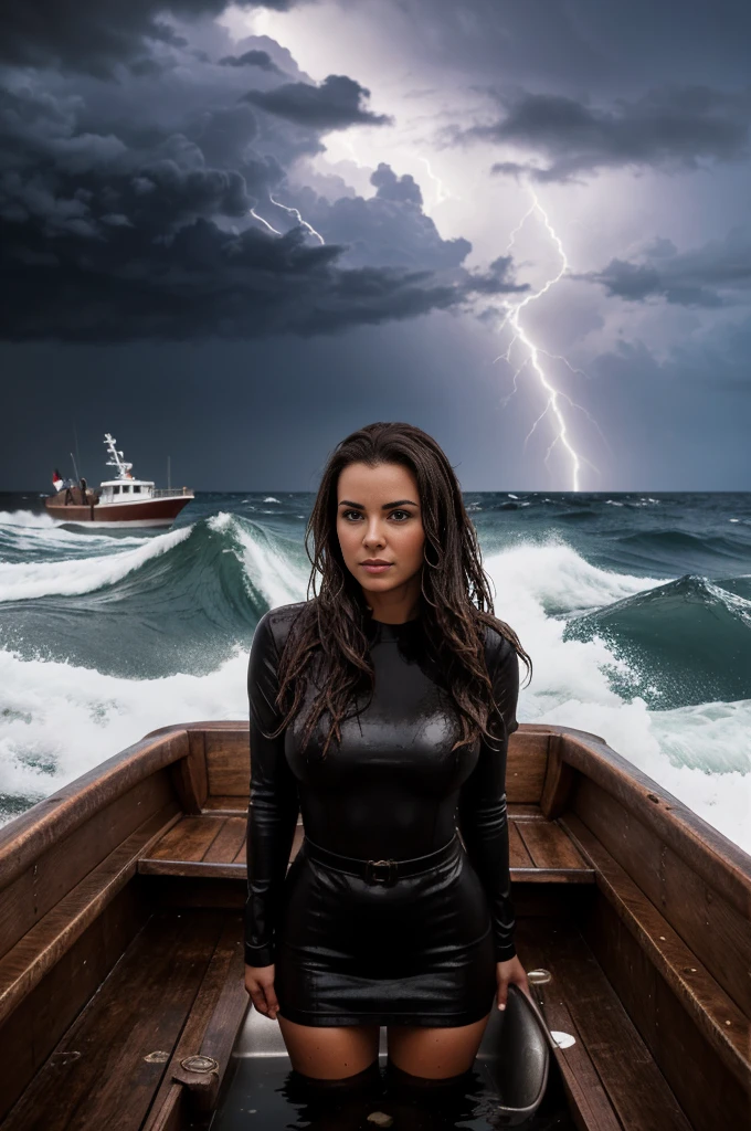 Close-up shot, a single wet, sexy 22 year old brunette woman, standing in a sinking, submerged wooden fishing boat, looking away from viewer, ocean waves, waves washing into boat, rocks, cliffs, small hands, cinematic, dramatic composition, dark stormy sky, (lightning), sharp focus, sense of awe