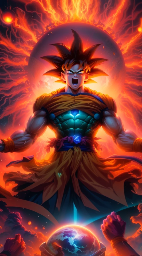 dragon ball goku poster by matto, fractal thunder dan mumford, in the style dan mumford artwork, inspired by Dan Mumford, in the art style of dan mumford, dan mumford. maya render, el bosco and dan mumford, by Dan Mumford, dan mumford and alex grey style, dan mumford. octane render, dan mumford. 8 k octane render, studio ghibli and dan mumford