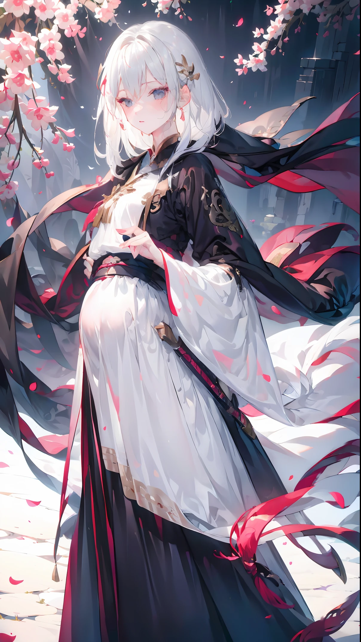 Golden hairpin, white ash hair, black shirt, white skirt, (black cloak:1.2), pale face, sweating, heavy breath, blushing, pregnancy  dresest quality:1.2), ultra-detailed,realistic ,portraits, vivid colors, soft lighting, interesting PoV, stocking, straight hair, pregnant, Pregnant  belly, anime girl, solo girl, light blue eye,