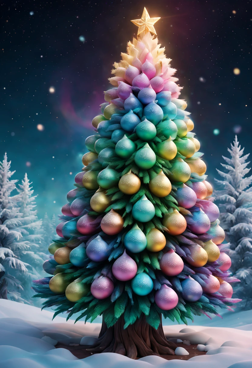 Fluffy Marshmallow Christmas Tree,(Best quality at best,4K,8K,A high resolution,tmasterpiece:1.2),ultra - detailed,(actual,realisticlying,Photorealistic:1.37),sweet，Vibrant colors，whimsically，Huge tree，imagining，intriguing，light and ventilation，delight，Fantastical、edible、indulgent、The tall、Pleasant、Exhilarating、Rainbow，sparkling decorations，Shining Christmas lights，holiday decorations，Twinkling snowflakes，Comfortable winter environment，Delightful festive atmosphere，starrysky，Twinkling stars，Crisp winter air，winter fairy tale，