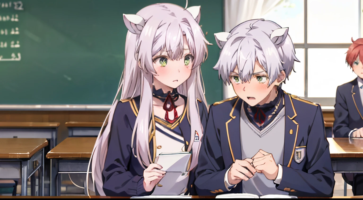 (super high resolution), couple, 1girl, silver hair, cat ears, green eyes, school uniform, intensive blushes, worried expression, mouth open, flat chest, classroom, looking at a boy with worried face, 1boy with *red* hair, and black sweater, (red hair for boy), both boy and girl in the same table