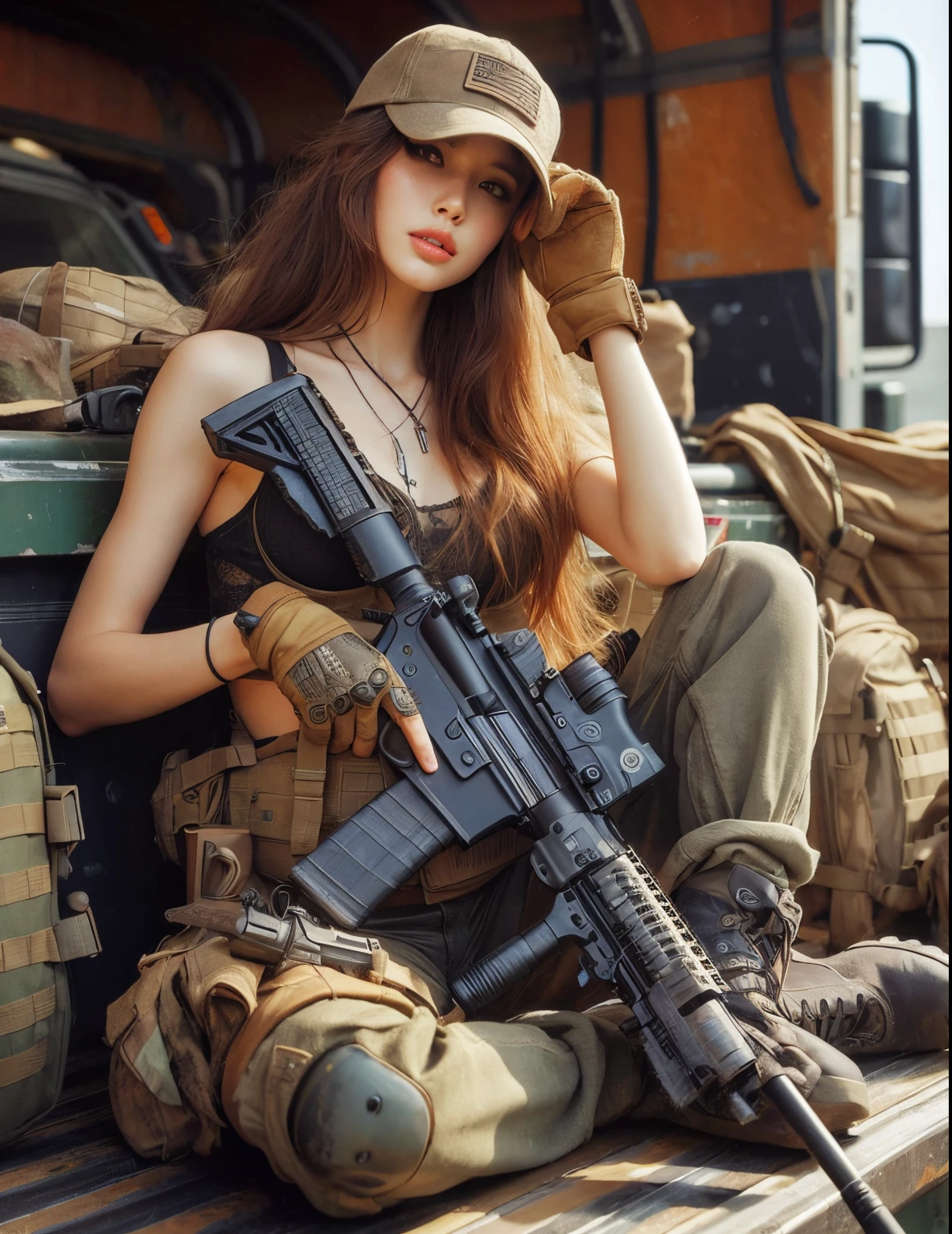 Photorealsitic、realistic skin textures、automatic rifle