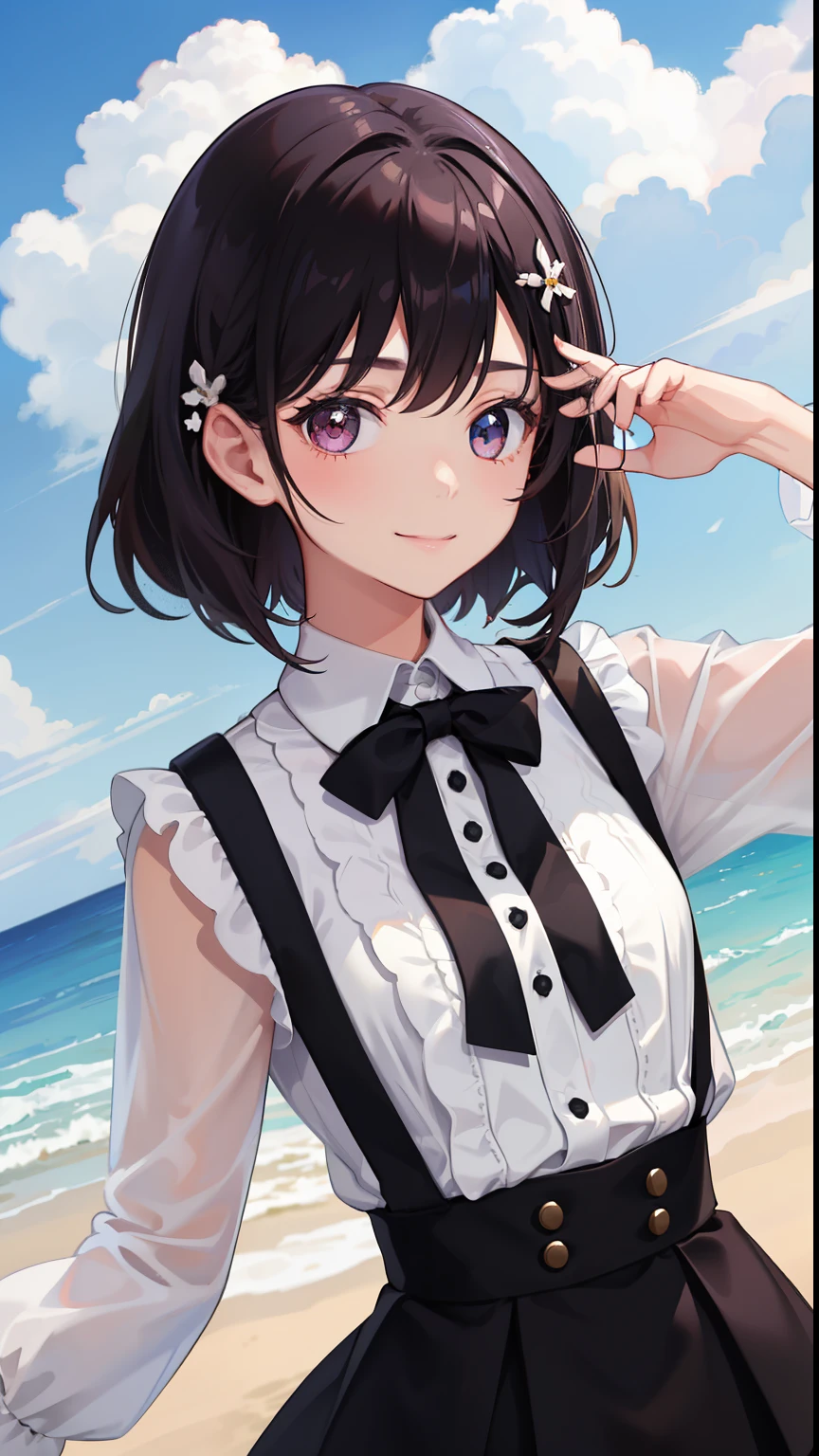 1girl in、A smile、Light in the eyes、The shirt、Blouse、skirt by the、pinafore、hair ornament costume)、(small tits)Chilarism、movement、Upper body portrait、