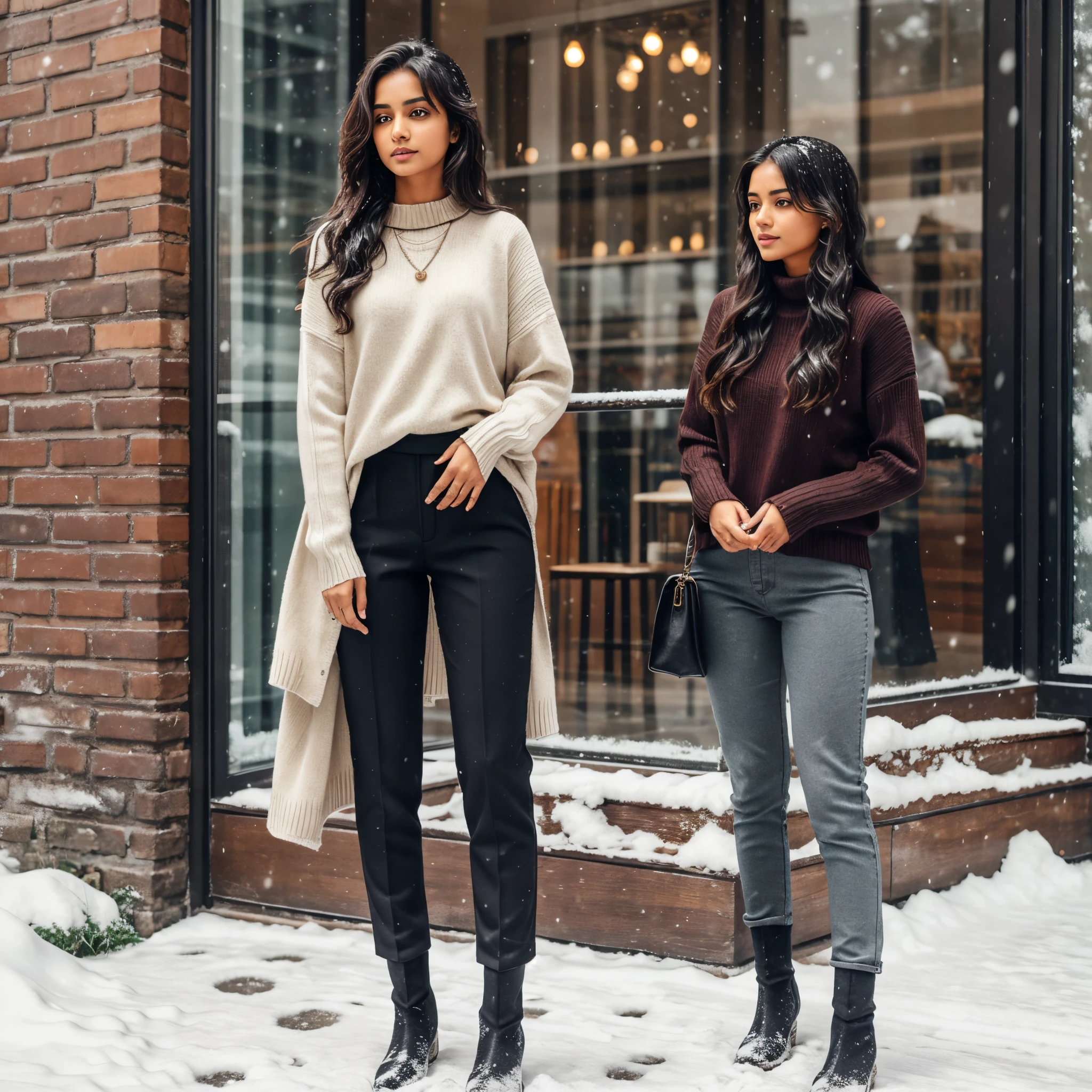 One Indian 21 year girl slim fit with long messy hair, standing in outside of cafe, snow fall, drink coffee, wering winter sweater and trouser with chelsea boots
