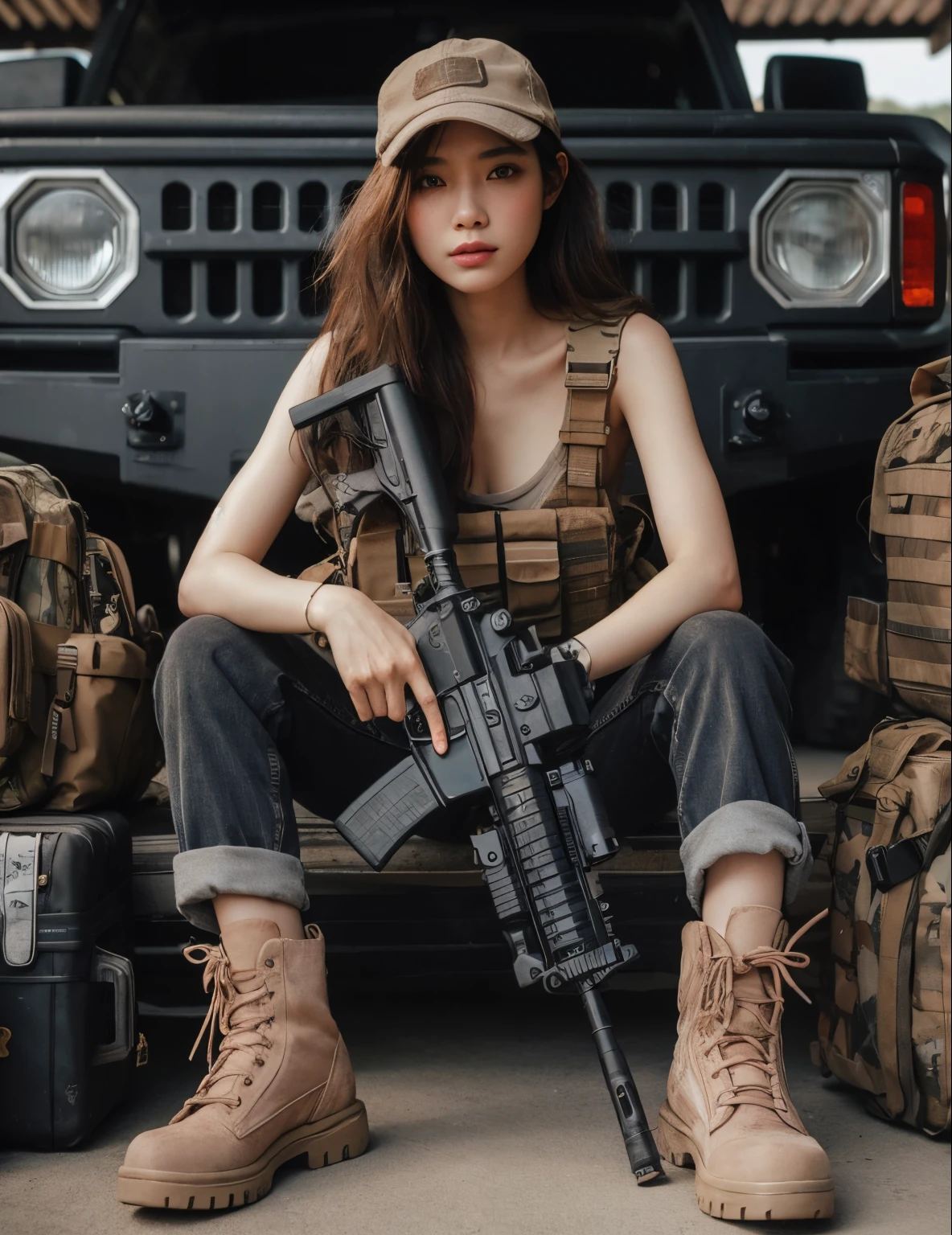 Photorealsitic、realistic skin textures、automatic rifle