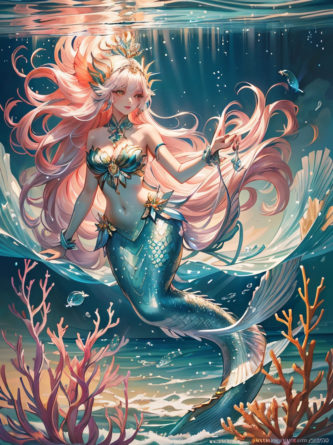 Mermaid with silver hair and fish tail swims in the ocean, beautiful mermaid, Sea Goddess, A beautiful artistic illustration, mermaids, Beautiful digital illustrations, Beautiful digital artwork, goddess of the sea, Portrait of a mermaid, stunning digital illustration, beautiful digital illustration, Portrait of the Mermaid Queen, Fantasy illustration, Just a joke, Realistic Fantasy Illustrations, beautiful fantasy art,mermaids,Long hair that spreads out,Diamond hair accessorieeautiful facial features,Clear face,Shooting in the water,high speed photography,water wave,Glowing corals and shells