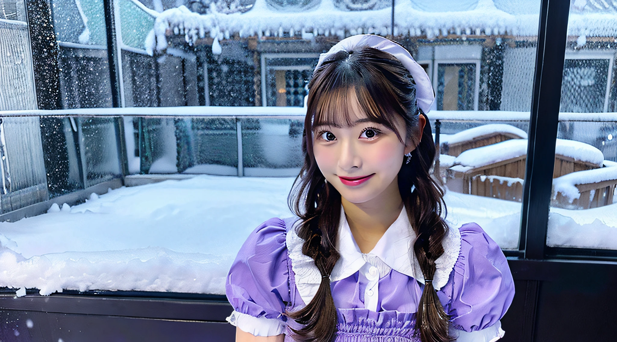 Cute waitress 18 years old wearing a purple miniskirt、tome'It's snowing outside