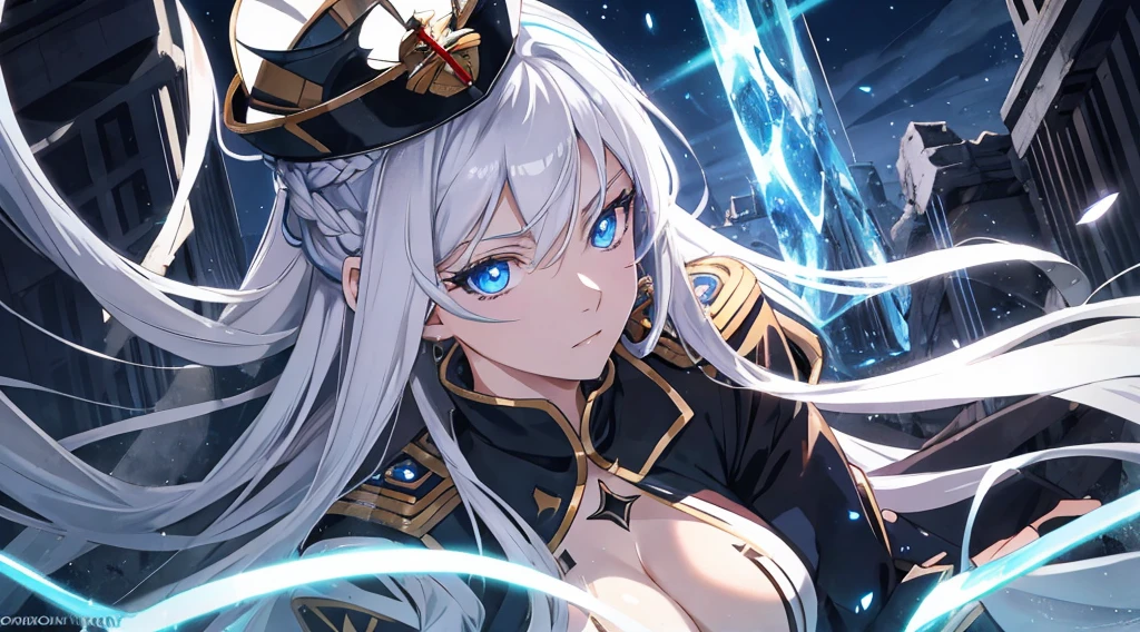 Masterpiece, best quality. 1 Anime lady ( woman), Solo, (Look at viewers) . Stern looks. She wearing black epaulette dress, black commander hat, have glowing light blue eyes. She have very long white hair.  Floating hair up. Ring of Goddess. Cinematic light. (War, destroyed City, Broken Glas, Ashes). Releasing power. blue aura. Eyes glowing. Close up.