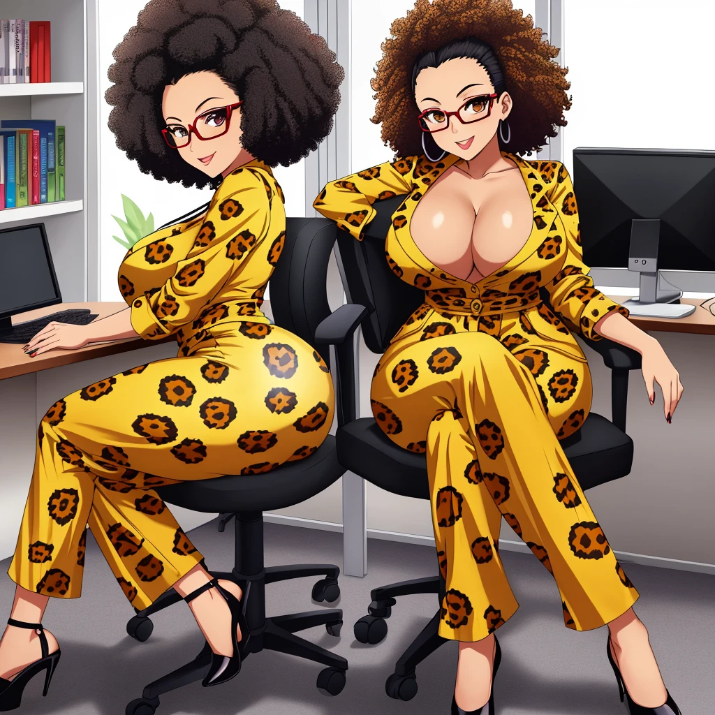 masutepiece, Best Quality:1.2),Detailed face, Detailed inner corner of the eye、eye glasses、big afro、Forehead、Large breasts, Big ass、Female sexy, leopard print jumpsuit, Wide pants、Inside the office, Sitting on a chair