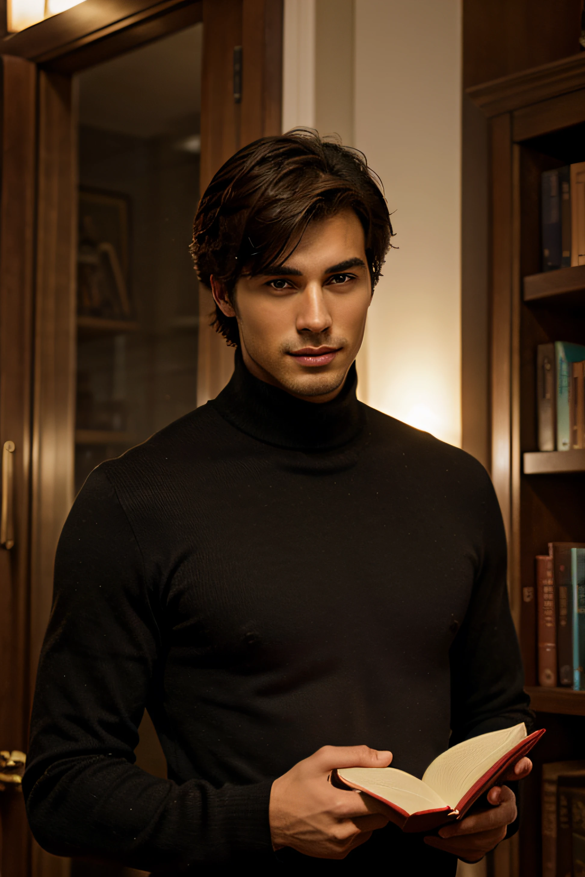 A mysterious and handsome guy is holding a book