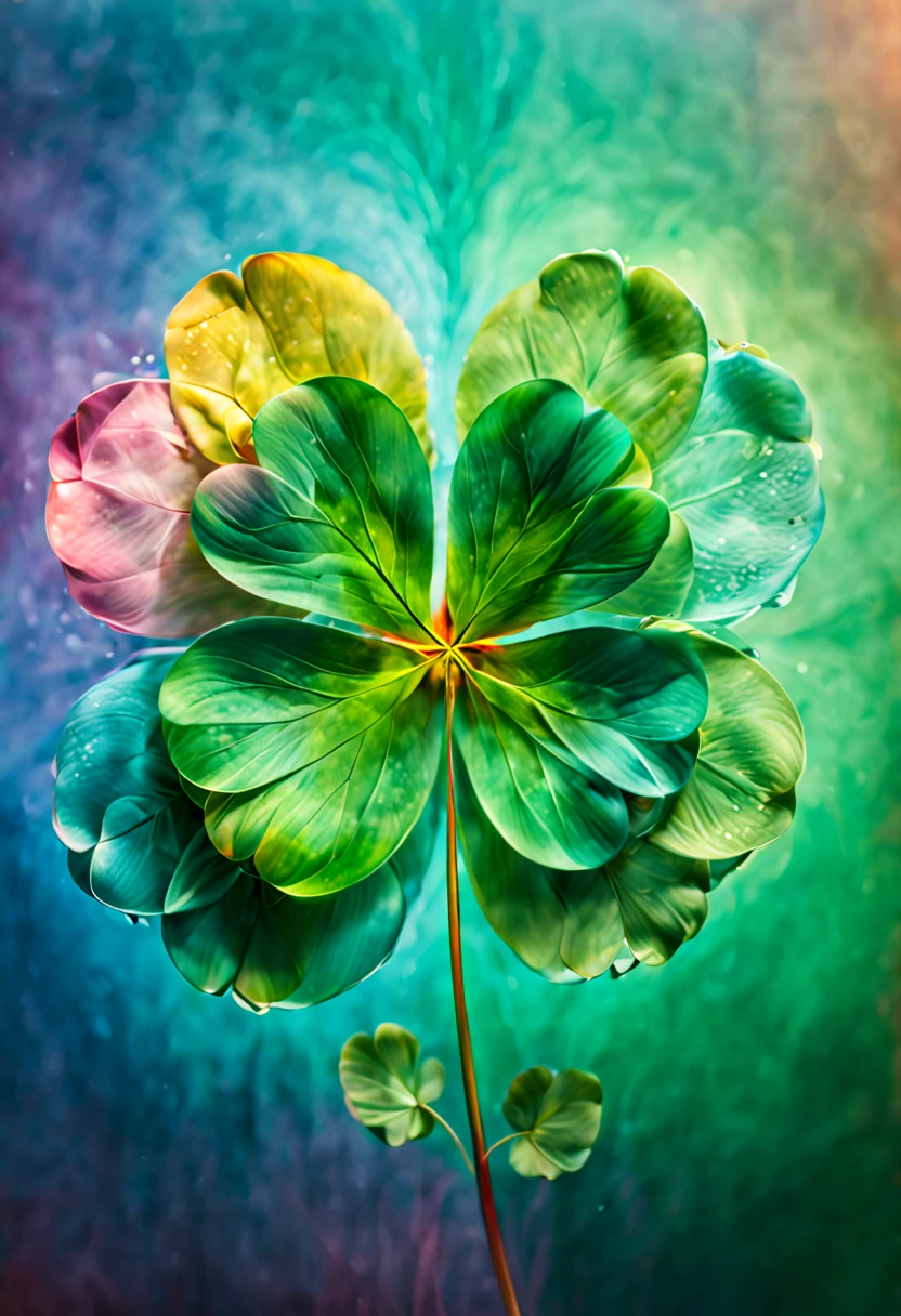 Macro photography of Four Leaf Clover, by Gabriel Dawe, Gradient color, octane render, intricate, (best quality, masterpiece, Representative work, official art, Professional, unity 8k wallpaper:1.3)