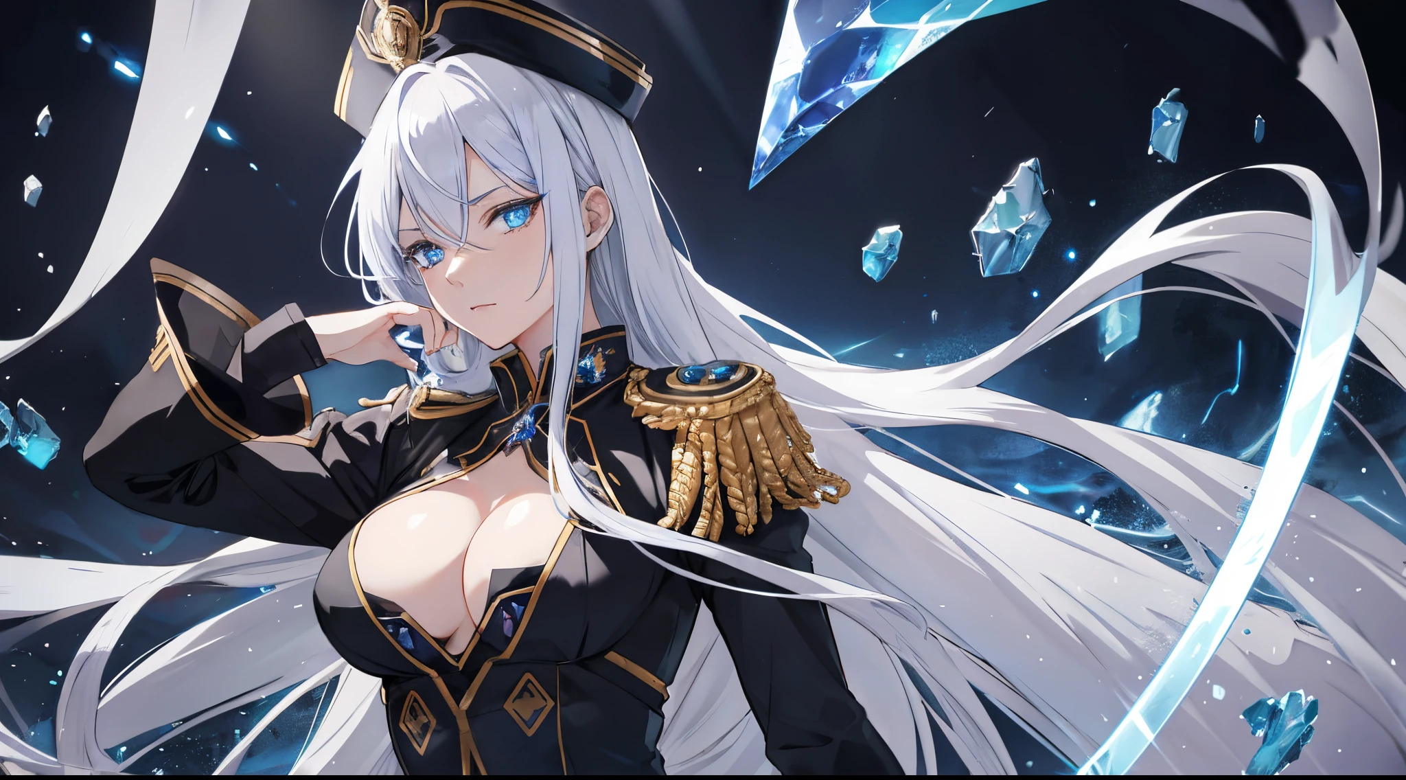 Masterpiece, best quality. 1 Anime lady ( woman), Solo, (Look at viewers) . Stern looks. She wearing black epaulette dress, black commander hat, have glowing light blue eyes. She have very long white hair. Floating hair. There's God Ring behind her. Ring of God. Cinematic light. (War, destroyed city, Broken glass, Ashes flowing). Releasing power. blue aura. Eyes glowing.