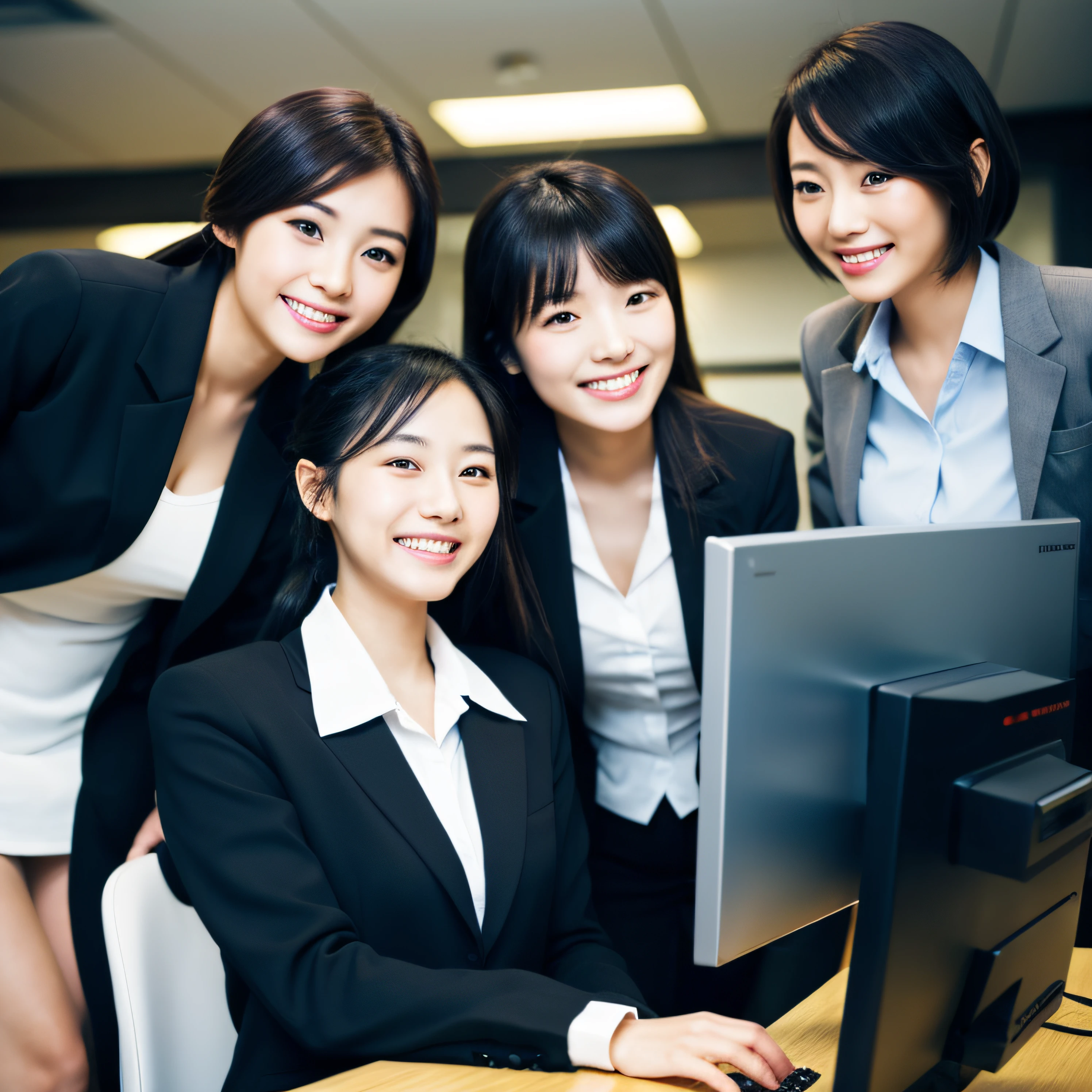 Perfect face,Working women,young age,Women only,meeting,3 people,Lively,Wearing a suit,face the computer,a picture,japanes,No background,Look at the computer,A smile