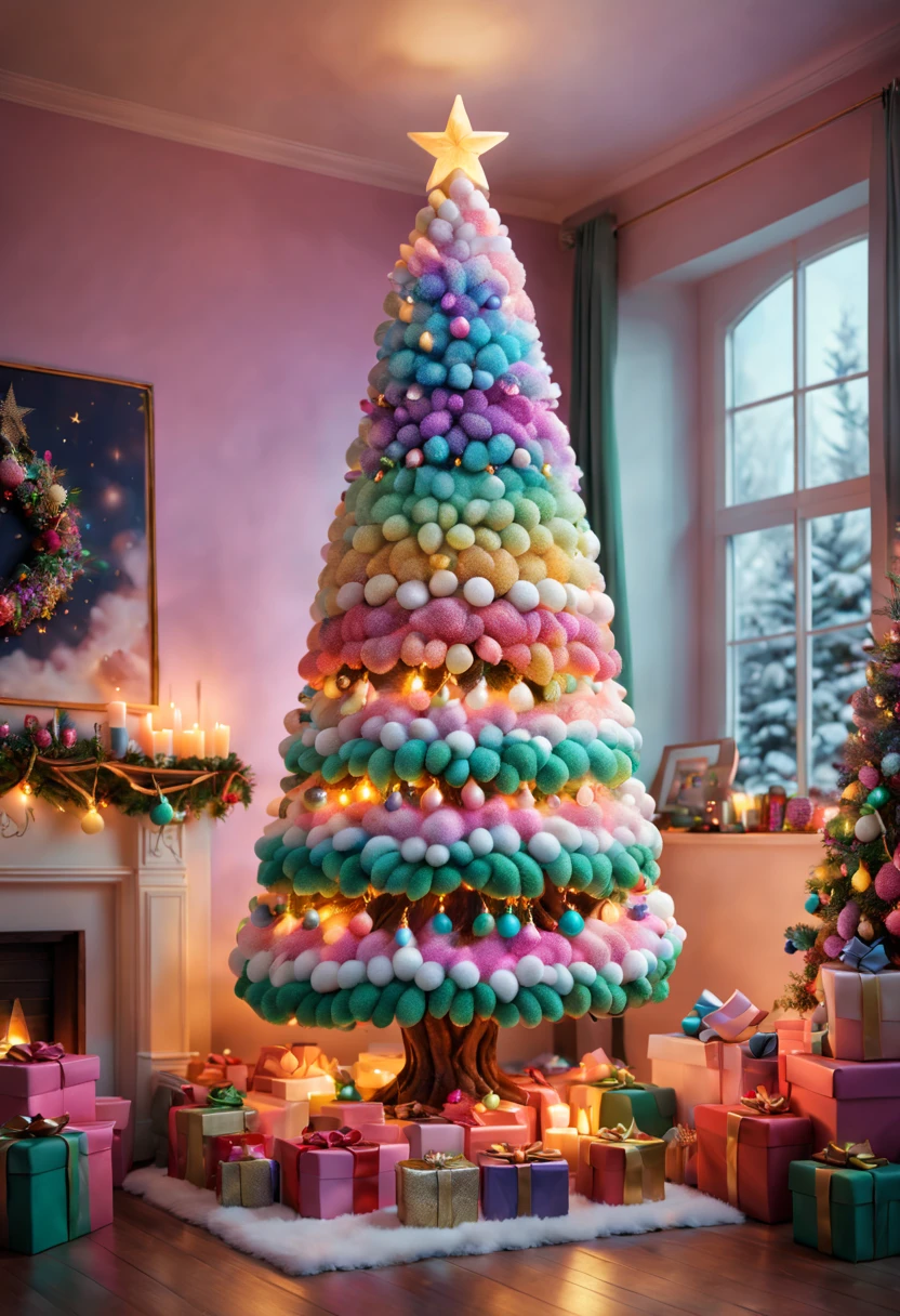 Fluffy Marshmallow Christmas Tree,(Best quality at best,4K,8K,A high resolution,tmasterpiece:1.2),ultra - detailed,(actual,realisticlying,Photorealistic:1.37),sweet，Vibrant colors，whimsically，Huge tree，imagining，intriguing，light and ventilation，delight，Fantastical、edible、indulgent、The tall、Pleasant、Exhilarating、Rainbow，sparkling decorations，Shining Christmas lights，holiday decorations，In a room full of colorful gifts, Surrounded by warm fairy lights and candles, Vibrant and pastel colors, diffuselighting。
