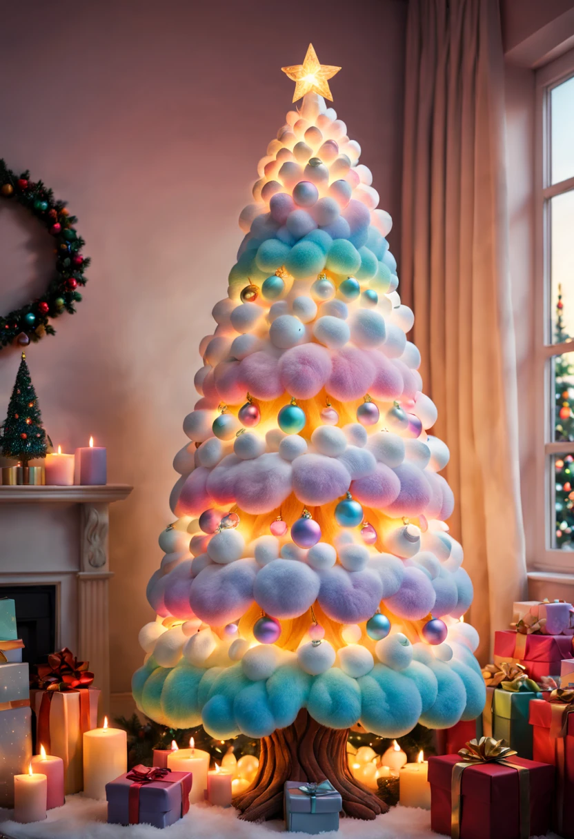 Fluffy Marshmallow Christmas Tree,(Best quality at best,4K,8K,A high resolution,tmasterpiece:1.2),ultra - detailed,(actual,realisticlying,Photorealistic:1.37),sweet，Vibrant colors，whimsically，Huge tree，imagining，intriguing，light and ventilation，delight，Fantastical、edible、indulgent、The tall、Pleasant、Exhilarating、Rainbow，sparkling decorations，Shining Christmas lights，holiday decorations，In a room full of colorful gifts, Surrounded by warm fairy lights and candles, Vibrant and pastel colors, diffuselighting。