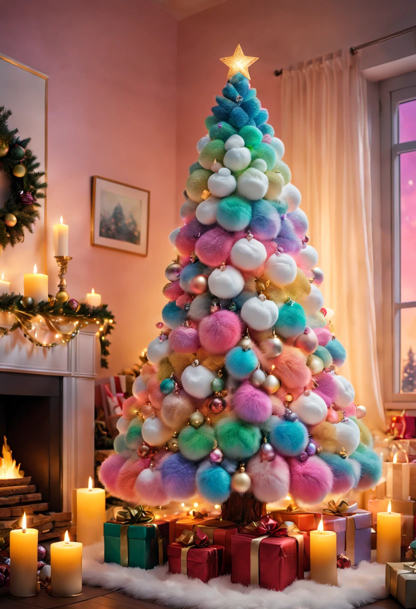 Fluffy Marshmallow Christmas Tree,(Best quality at best,4K,8K,A high resolution,tmasterpiece:1.2),ultra - detailed,(actual,realisticlying,Photorealistic:1.37),sweet,Vibrant colors,whimsically,Huge tree,imagining,intriguing,light and ventilation,delight,Fantastical、edible、indulgent、The tall、Pleasant、Exhilarating、Rainbow,sparkling decorations,Shining Christmas lights,holiday decorations,In a room full of colorful gifts, Surrounded by warm fairy lights and candles, Vibrant and pastel colors, diffuselighting。