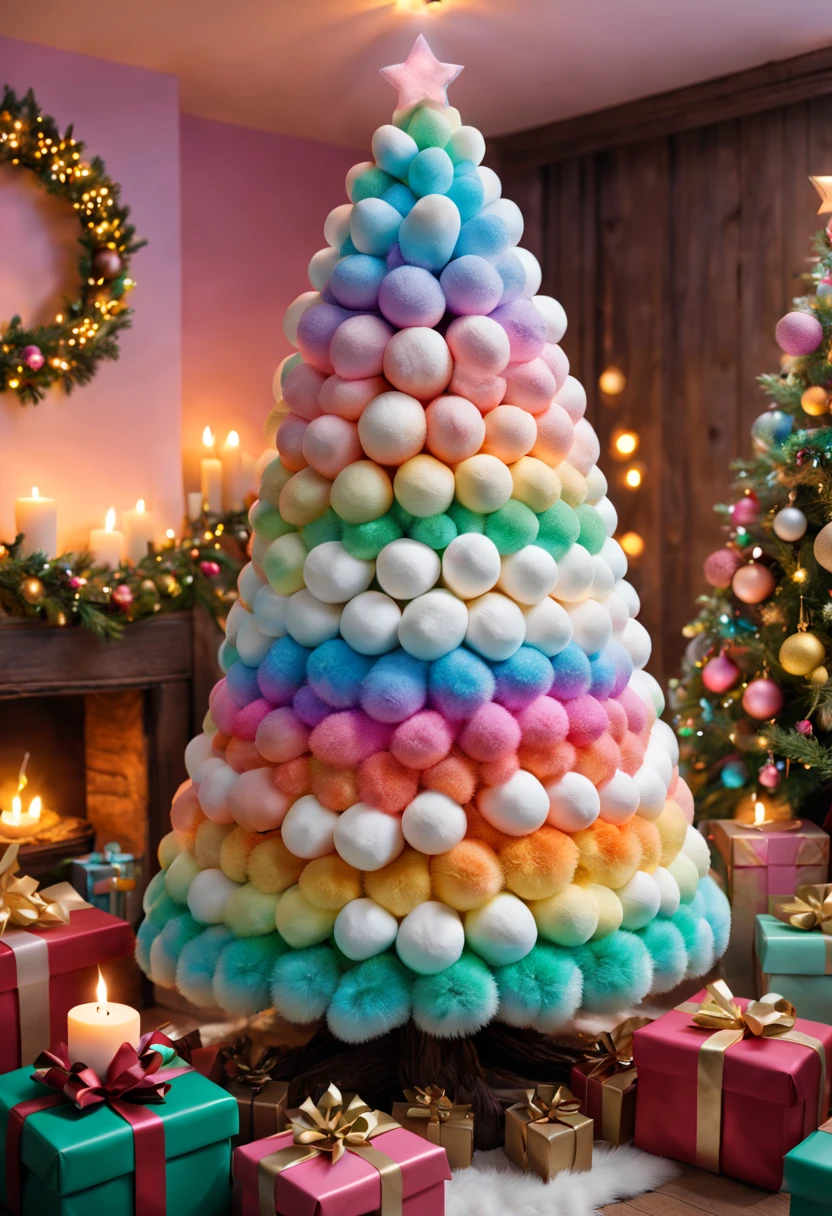 Fluffy Marshmallow Christmas Tree,(Best quality at best,4K,8K,A high resolution,tmasterpiece:1.2),ultra - detailed,(actual,realisticlying,Photorealistic:1.37),sweet，Vibrant colors，whimsically，Huge tree，imagining，intriguing，light and ventilation，delight，Fantastical、edible、indulgent、The tall、Pleasant、Exhilarating、Rainbow，sparkling decorations，Shining Christmas lights，holiday decorations，In a room full of colorful gifts, Surrounded by warm fairy lights and candles, Vibrant and pastel colors, diffuselighting。