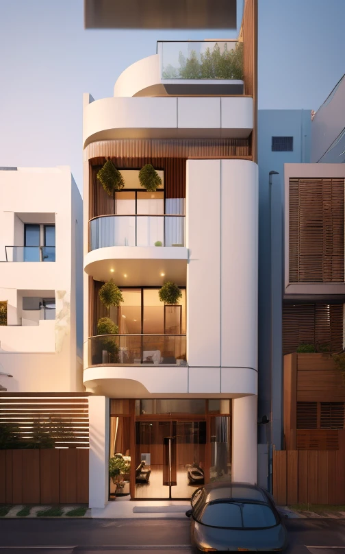 Added wooden aluminum box louvers to the facade, white ceiling light, small plant pots, white painted facade combined with decorative bricks