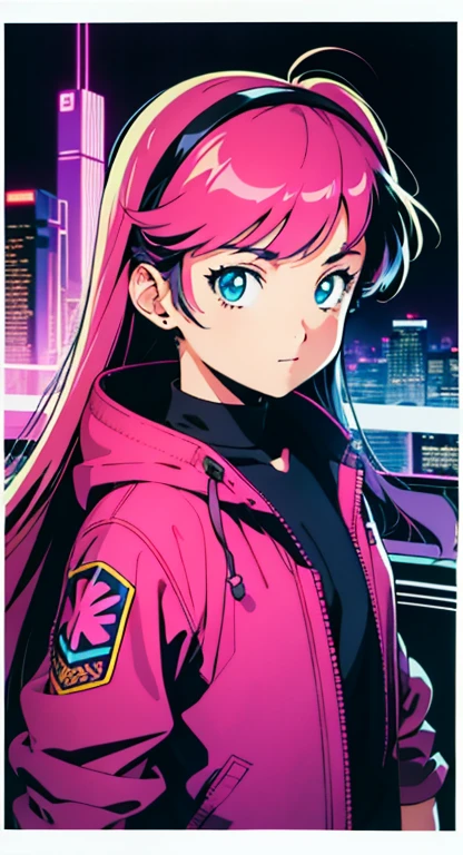 best quality, 4K wallpaper, masterpiece, extremely detailed CG unity 8k wallpaper, extremely detailed eyes, ultra-detailed, intricate details, masterpiece, best quality, 1girl, city pop, akira, night, neon lights, looking at viewer, body at an angle, slight smile, vector illustration, 80s clothing, long hair, 80s, synthwave, abstract background, graphic, manga, 80s anime, retro poster