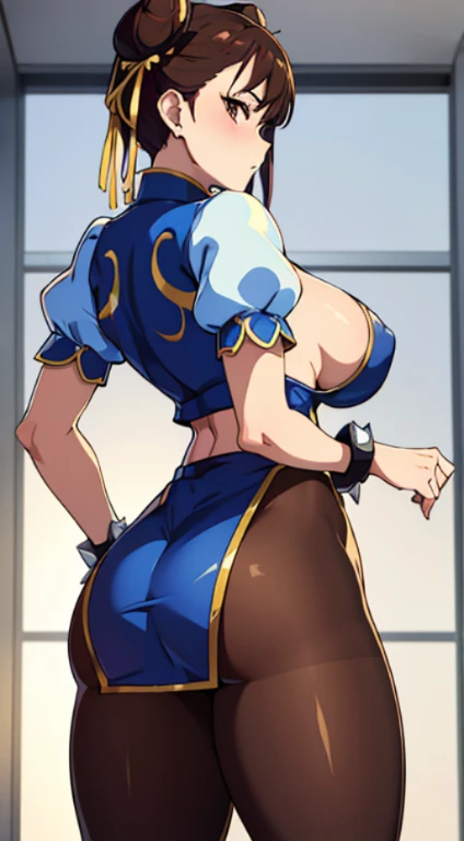 A chubby girl with black hair, freckles and glasses dressed as Chun-Li wearing white boots in her room, sticking out her ass with an ahegao face