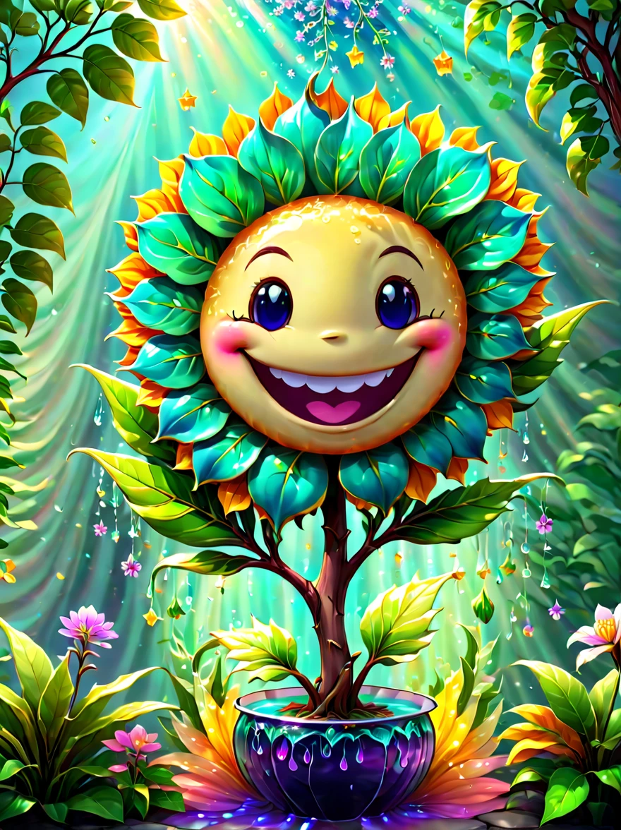 stained glass style,(a magical plant,Irridescent color,1 big five-flowered flower with a cute smile),branches and leaves full of nectar, Plants covered in liquid, Cute 3d rendering, Rendered in Cinema 4D Octane, blender art, Cinema 4D color rendering, Very detailed happy photos, Render in Cinema4D, Colorful octane rendering, A vibrant, The beautiful, semi transparent, iintricate, Detailed pubic hair
