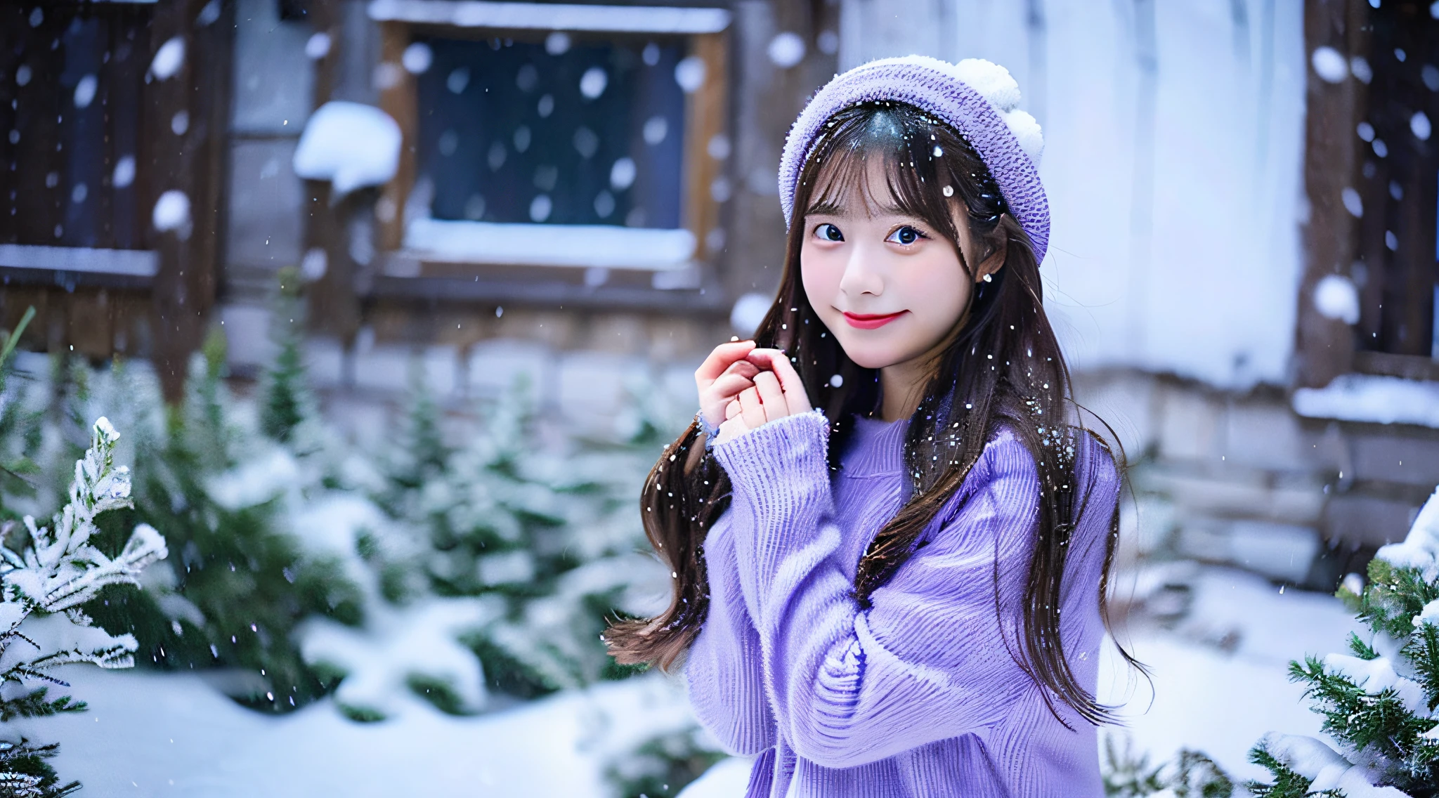 Cute girl 18 years old wearing a purple miniskirt、tome'It's snowing outside