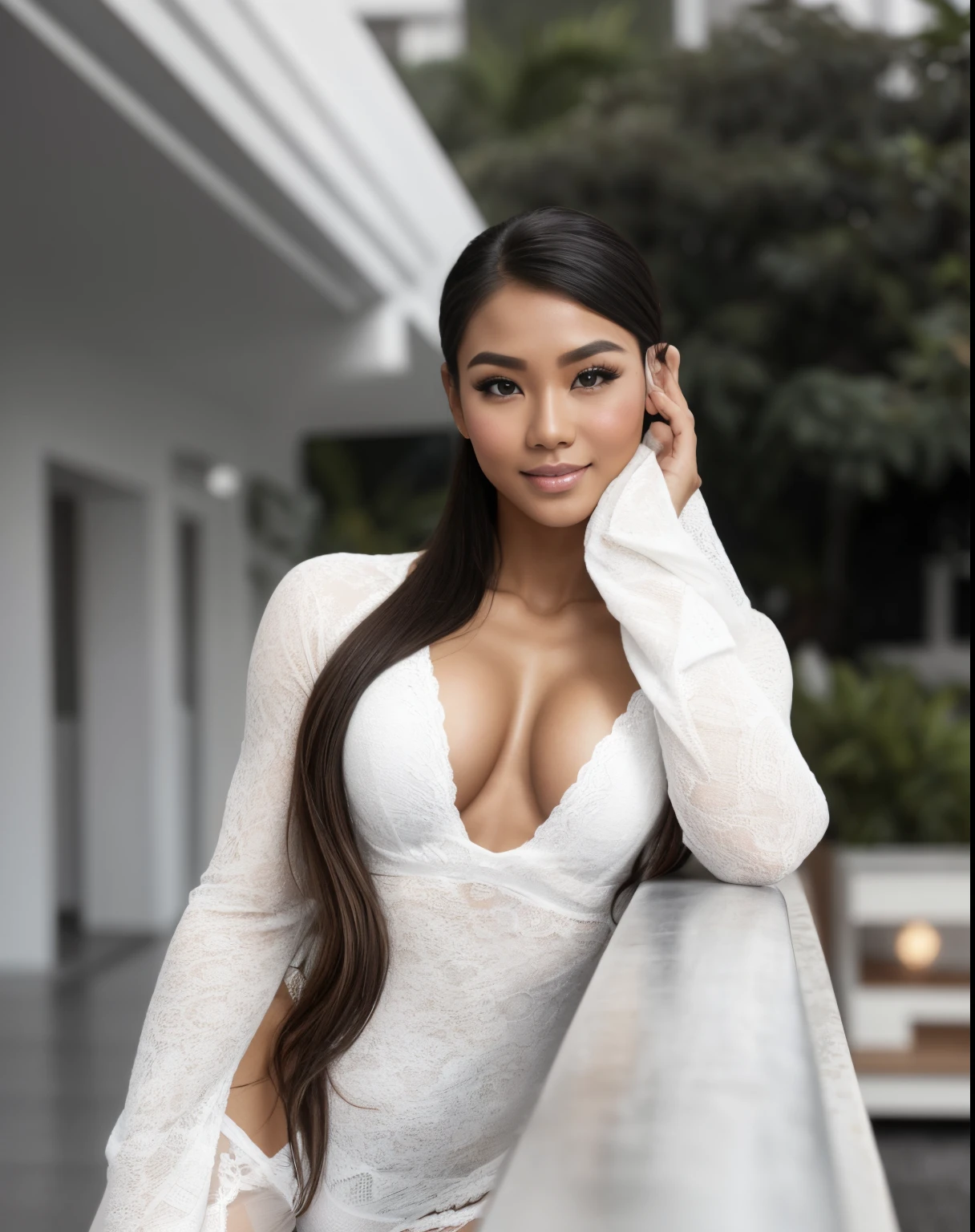 Young Thai woman, Fit physique, fitness physique, wearing sexy black lingerie sitting on the couch with legs open, corps sexy, (8k), (Best quality), (Masterpiece:1.3), (Realstic), (photoreallistic:1.34), Ultra-detailed, [beautiful detailed  eyes], (sourire), (sourire), (beautiful nose detailed), [very long blonde hair], (haut court), lingerie noire, (superbes seins taille normale), (gros plan), profondeur de champ, full body view, sitting on sofa, legs spread, showing crotch, pieds en l'air
