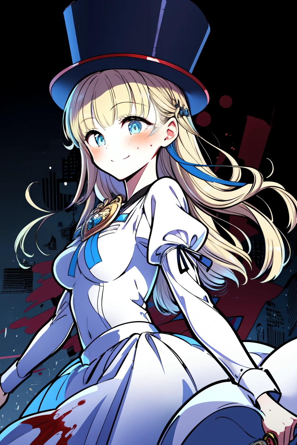 (1girl, solo), blonde hair, side ponytail, (blue eyes:1.5), long hair, (small breast:1.2), (hair ribbon, juliet sleeves, long sleeves, puffy sleeves, white dress:1.5, frills, top hat, black top hat, hat, hat flower,) looking at viewer, shaded face, smile, blush, blood, blood on arm, blood on face, blood on clothes, blood on hands, holding knife, knife, indoors, (masterpiece:1.2), best quality, high resolution, unity 8k wallpaper, (illustration:1.5), anime style, (beautiful detailed eyes:1.6), extremely detailed face, perfect lighting, extremely detailed CG, (perfect hands, perfect anatomy), (dynamic pose, dynamic angle:1.1), nadja, heart brooch, jewelry,