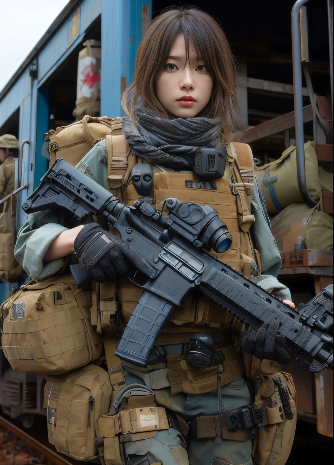 Photorealsitic、realistic skin textures、automatic rifle