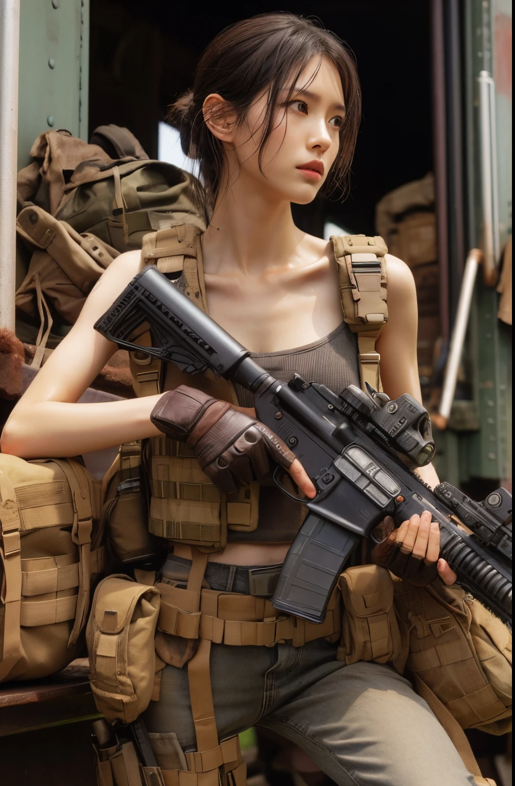 Photorealsitic、realistic skin textures、automatic rifle