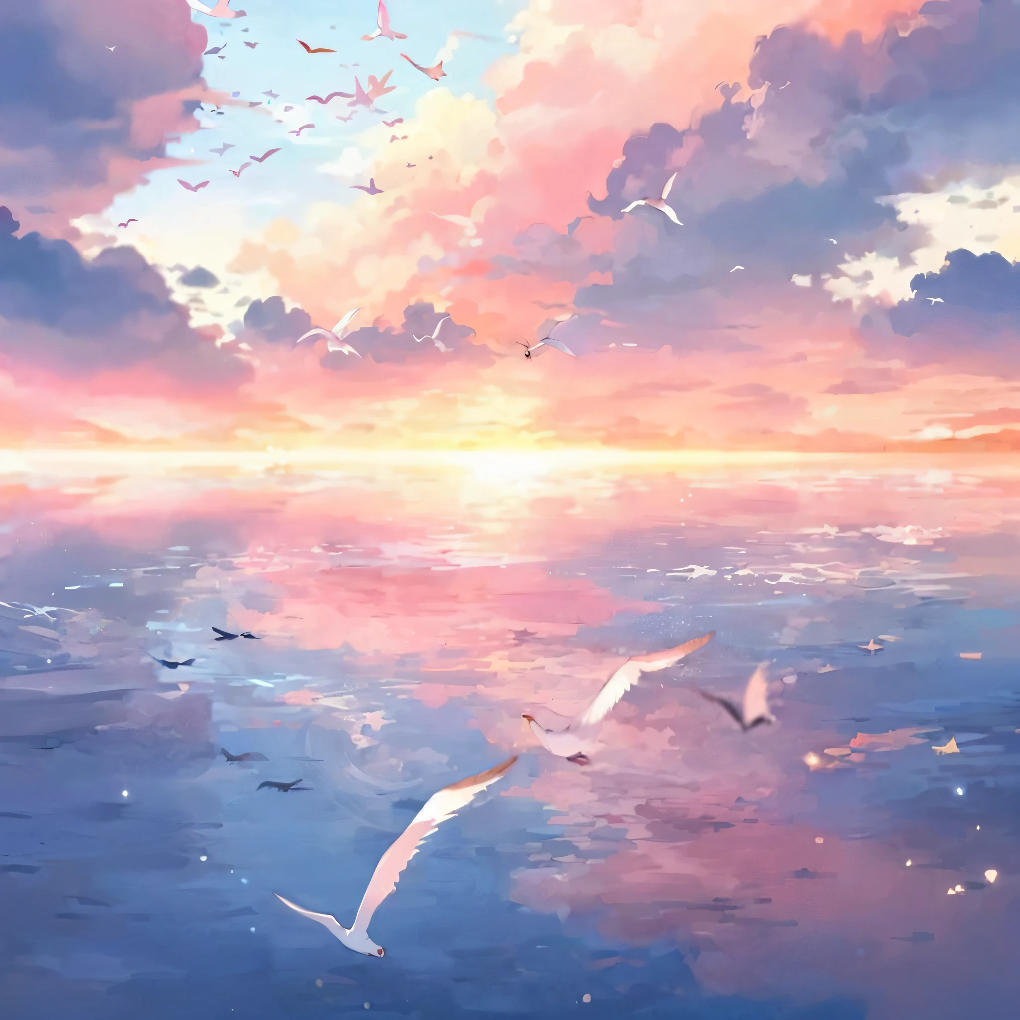 the sunset, clouds,sky sky, Eau, become sunny, seagulls,beautiful anime scenes, anime backgrounds, The most beautiful scene, Anime Sky,Marshlands,twilight rays