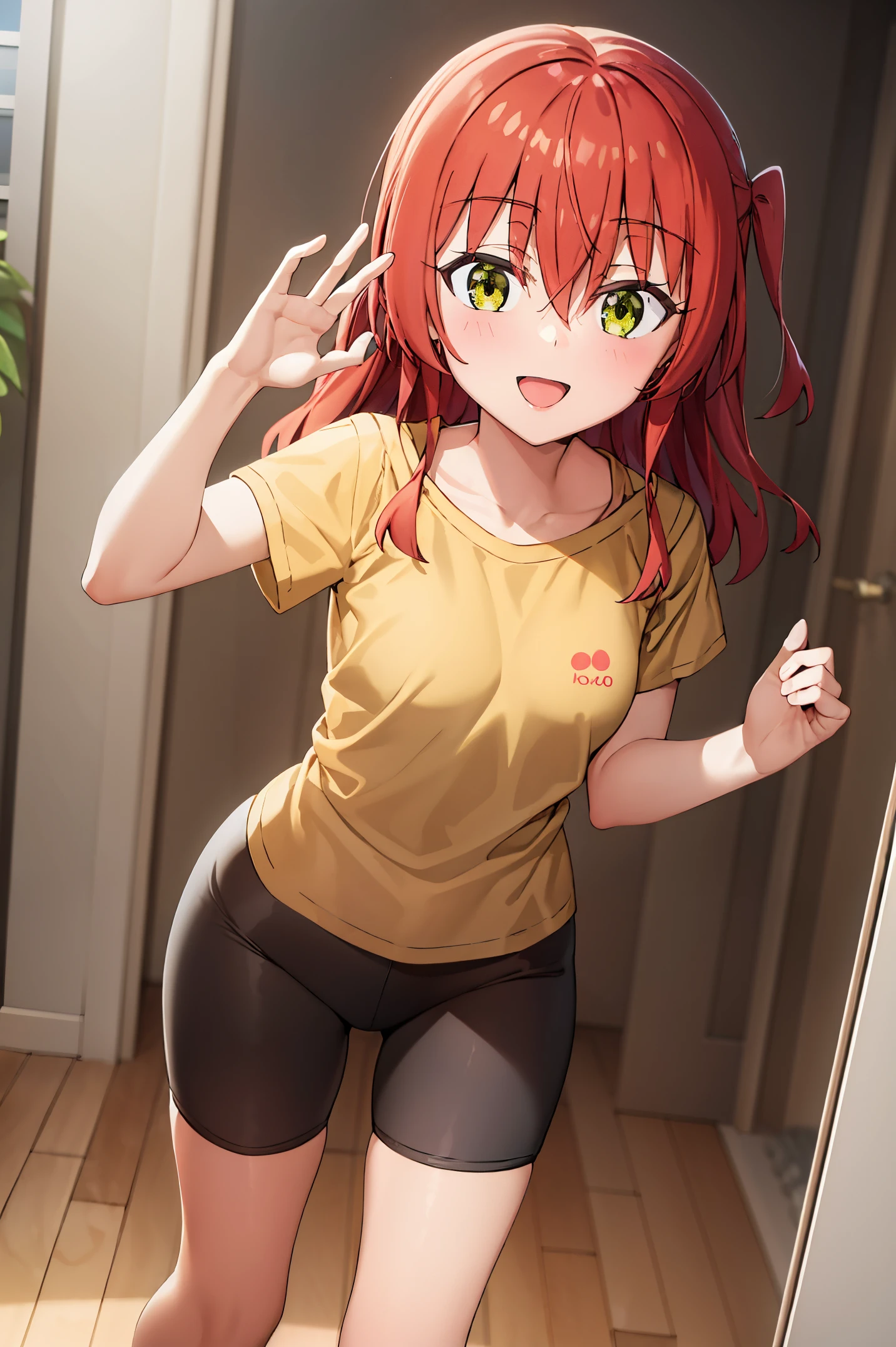 Room, 1 girl, best quality, ultra high res, long hair, red hair, green eyes, yellow shirt, short sleeves, bike shorts, looking at viewers, small breast, standing, pov, slim body, **** body, small body, smile, open mouth,