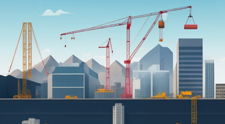 Construction cranes and buildings in the city with mountains in the background, architectural, ilustration, Background with, Flat Illustration, profile photo, Construction site, random background scene, crane, vector, 2 D CG, Under construction, Construction Yard, Avatar image, Instagram Post, Overall size, conceptual, detailed digital illustration, asset, Detailed 2D illustration, total area,  Illustration