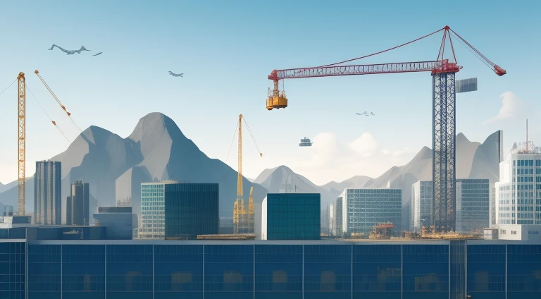 Construction cranes and buildings in the city with mountains in the background, architectural, ilustration, Background with, Flat Illustration, profile photo, Construction site, random background scene, crane, vector, 2 D CG, Under construction, Construction Yard, Avatar image, Instagram Post, Overall size, conceptual, detailed digital illustration, asset, Detailed 2D illustration, total area,  Illustration