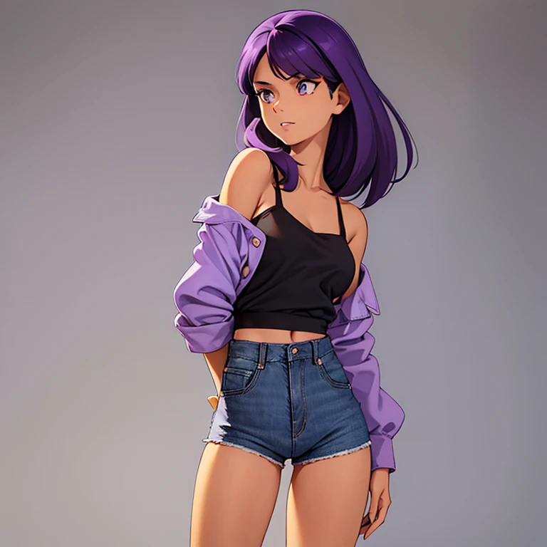 girl with tan skin and a slim physique. She has violet hair that lays to the middle of her back. She has amber eyes. She is wearing a black camisole, tucked into a pair of Jean shorts. Over the camisole is a loose-fit lavender long sleeve shirt. The sleeves are rolled up to her elbows.