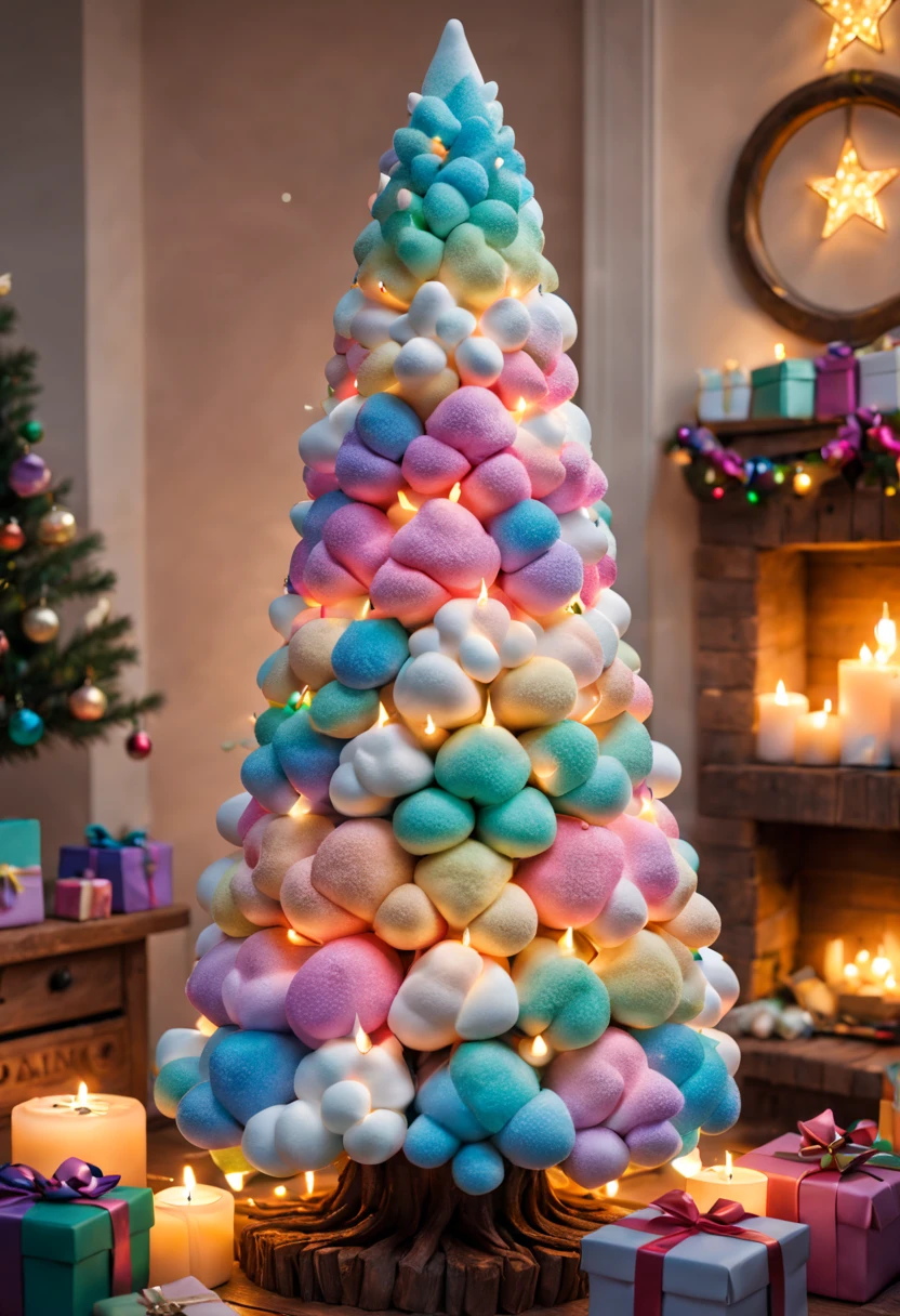 Fluffy Marshmallow Christmas Tree,(Best quality at best,4K,8K,A high resolution,tmasterpiece:1.2),ultra - detailed,(actual,realisticlying,Photorealistic:1.37),sweet,Vibrant colors,whimsically,Huge tree,imagining,intriguing,light and ventilation,delight,Fantastical、edible、indulgent、The tall、Pleasant、Exhilarating、Rainbow,sparkling decorations,Shining Christmas lights,holiday decorations,In a room full of colorful gifts, Surrounded by warm fairy lights and candles, Vibrant and pastel colors, diffuselighting。