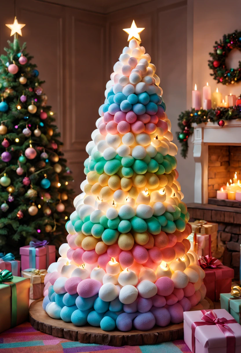 Fluffy Marshmallow Christmas Tree,(Best quality at best,4K,8K,A high resolution,tmasterpiece:1.2),ultra - detailed,(actual,realisticlying,Photorealistic:1.37),sweet,Vibrant colors,whimsically,Huge tree,imagining,intriguing,light and ventilation,delight,Fantastical、edible、indulgent、The tall、Pleasant、Exhilarating、Rainbow,sparkling decorations,Shining Christmas lights,holiday decorations,In a room full of colorful gifts, Surrounded by warm fairy lights and candles, Vibrant and pastel colors, diffuselighting。