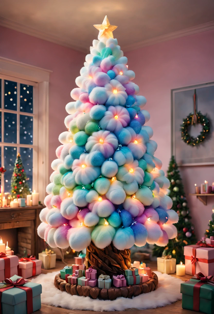 Fluffy Marshmallow Christmas Tree,(Best quality at best,4K,8K,A high resolution,tmasterpiece:1.2),ultra - detailed,(actual,realisticlying,Photorealistic:1.37),sweet,Vibrant colors,whimsically,Huge tree,imagining,intriguing,light and ventilation,delight,Fantastical、edible、indulgent、The tall、Pleasant、Exhilarating、Rainbow,sparkling decorations,Shining Christmas lights,holiday decorations,In a room full of colorful gifts, Surrounded by warm fairy lights and candles, Vibrant and pastel colors, diffuselighting。