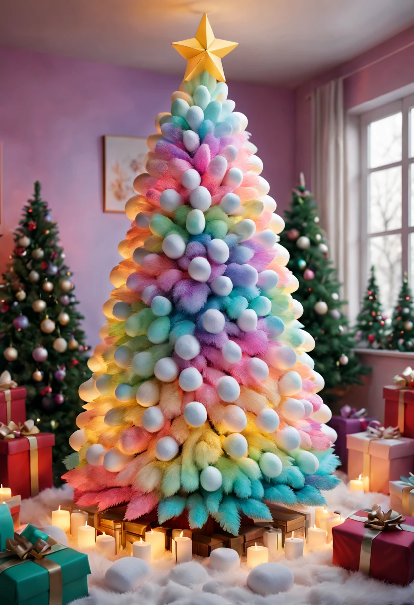 Fluffy Marshmallow Christmas Tree,(Best quality at best,4K,8K,A high resolution,tmasterpiece:1.2),ultra - detailed,(actual,realisticlying,Photorealistic:1.37),sweet,Vibrant colors,whimsically,Huge tree,imagining,intriguing,light and ventilation,delight,Fantastical、edible、indulgent、The tall、Pleasant、Exhilarating、Rainbow,sparkling decorations,Shining Christmas lights,holiday decorations,In a room full of colorful gifts, Surrounded by warm fairy lights and candles, Vibrant and pastel colors, diffuselighting。