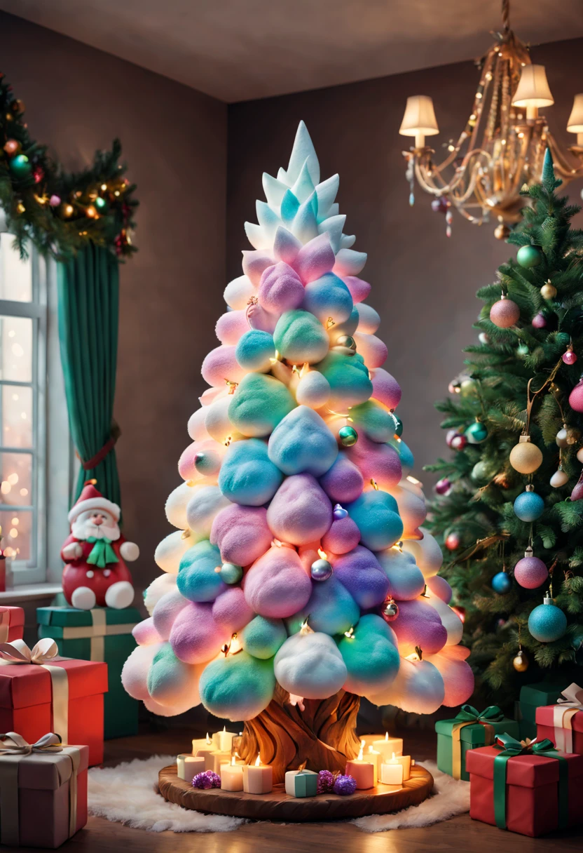 Fluffy Marshmallow Christmas Tree,(Best quality at best,4K,8K,A high resolution,tmasterpiece:1.2),ultra - detailed,(actual,realisticlying,Photorealistic:1.37),sweet,Vibrant colors,whimsically,Huge tree,imagining,intriguing,light and ventilation,delight,Fantastical、edible、indulgent、The tall、Pleasant、Exhilarating、Rainbow,sparkling decorations,Shining Christmas lights,holiday decorations,In a room full of colorful gifts, Surrounded by warm fairy lights and candles, Vibrant and pastel colors, diffuselighting。