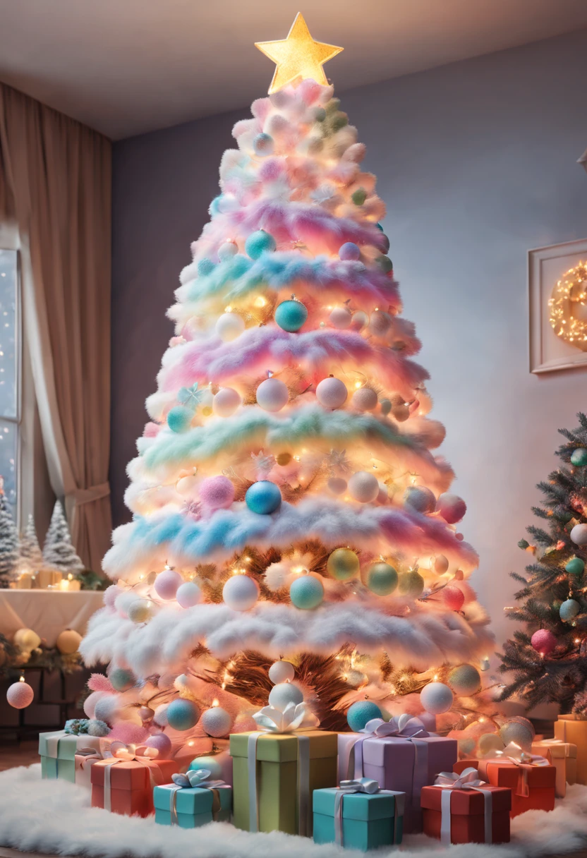 Fluffy Marshmallow Christmas Tree,(Best quality at best,4K,8K,A high resolution,tmasterpiece:1.2),ultra - detailed,(actual,realisticlying,Photorealistic:1.37),sweet,Vibrant colors,whimsically,Huge tree,imagining,intriguing,light and ventilation,delight,Fantastical、edible、indulgent、The tall、Pleasant、Exhilarating、Rainbow,sparkling decorations,Shining Christmas lights,holiday decorations,In a room full of colorful gifts, Surrounded by warm fairy lights and candles, Vibrant and pastel colors, diffuselighting。