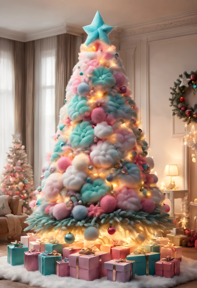 Fluffy Marshmallow Christmas Tree,(Best quality at best,4K,8K,A high resolution,tmasterpiece:1.2),ultra - detailed,(actual,realisticlying,Photorealistic:1.37),sweet，Vibrant colors，whimsically，Huge tree，imagining，intriguing，light and ventilation，delight，Fantastical、edible、indulgent、The tall、Pleasant、Exhilarating、Rainbow，sparkling decorations，Shining Christmas lights，holiday decorations，In a room full of colorful gifts, Surrounded by warm fairy lights and candles, Vibrant and pastel colors, diffuselighting。