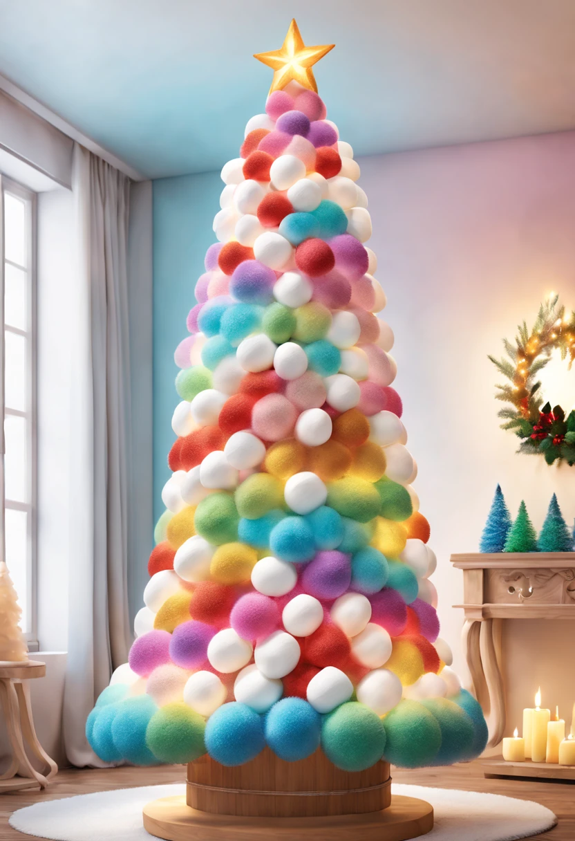 Fluffy Marshmallow Christmas Tree,(Best quality at best,4K,8K,A high resolution,tmasterpiece:1.2),ultra - detailed,(actual,realisticlying,Photorealistic:1.37),sweet,Vibrant colors,whimsically,Huge tree,imagining,intriguing,light and ventilation,delight,Fantastical、edible、indulgent、The tall、Pleasant、Exhilarating、Rainbow,sparkling decorations,Shining Christmas lights,holiday decorations,In a room full of colorful gifts, Surrounded by warm fairy lights and candles, Vibrant and pastel colors, diffuselighting。