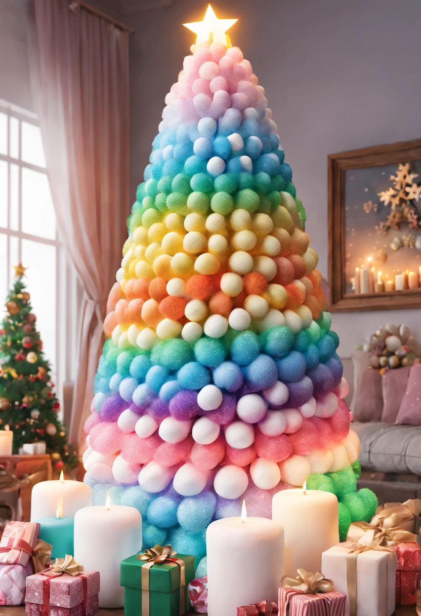 Fluffy Marshmallow Christmas Tree,(Best quality at best,4K,8K,A high resolution,tmasterpiece:1.2),ultra - detailed,(actual,realisticlying,Photorealistic:1.37),sweet,Vibrant colors,whimsically,Huge tree,imagining,intriguing,light and ventilation,delight,Fantastical、edible、indulgent、The tall、Pleasant、Exhilarating、Rainbow,sparkling decorations,Shining Christmas lights,holiday decorations,In a room full of colorful gifts, Surrounded by warm fairy lights and candles, Vibrant and pastel colors, diffuselighting。
