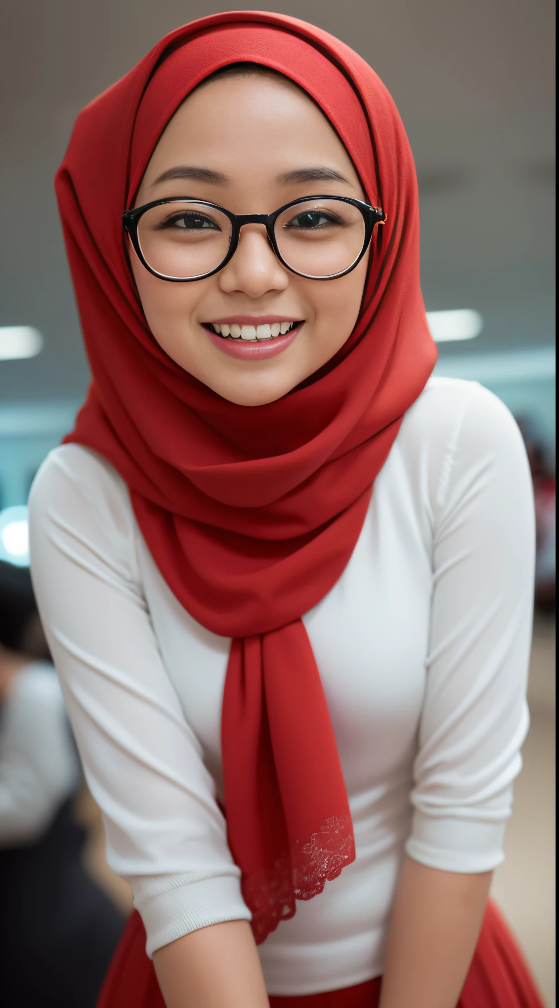 Cute malay girl in long red hijab wearing white peplum shirt and white pants in shy pose in ballroom hall, wear big round glasses, nerd, big smile, laughing, happy, big front teeth, bright lighting, cute face, 35mm lens, Extreme close-up, pastel color grading, depth of field cinematography effect, romantic film genre, 8k resolution, high quality, ultra detail,